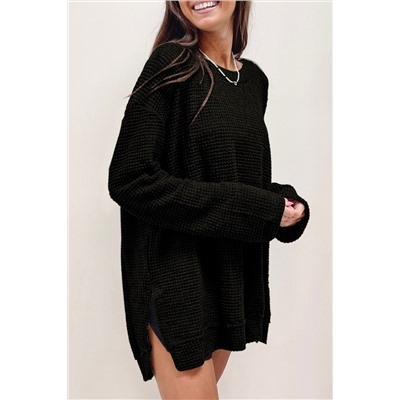 Black Waffle Knit High Slits Oversized Top