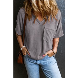 Light Grey Corded V Neck Chest Pocket Loose T-shirt