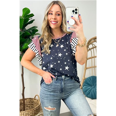 Gray Striped Ruffled Sleeve Star Print T Shirt