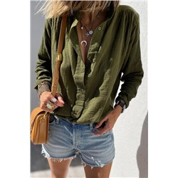 Jungle Green Crinkle Textured Button Up Long Sleeve Shirt