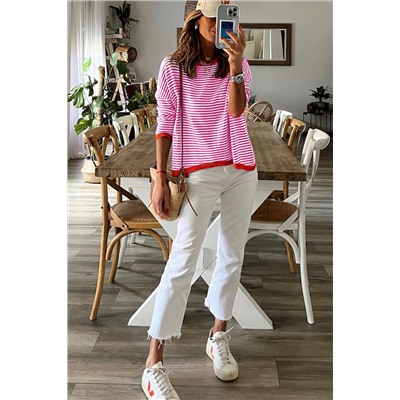 Pink Contrast Trimmed Striped Drop Shoulder Sweater