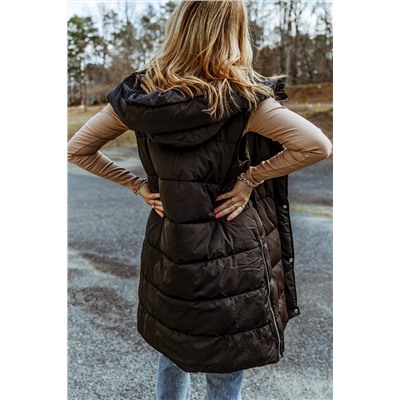 Black Hooded Long Quilted Vest Coat