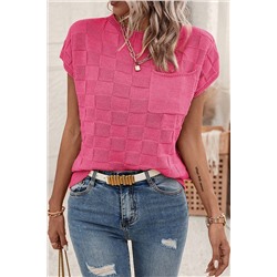 Bright Pink Lattice Textured Knit Short Sleeve Sweater