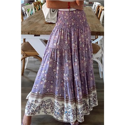 Фиолетовая многоярусная юбка с цветочным принтом и широким поясом