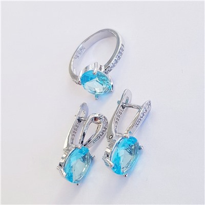 Комплект коллекция "Дубай", покрытие посеребрение с камнем, цвет голубой серьги, кольцо р-р 17,  Е8185, арт.747.933