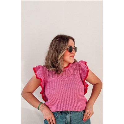Rose Red Ruffled Contrast Trim Plus Size Short Sleeve Sweater