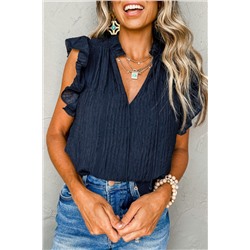 Navy Blue V Neck Flutter Sleeve Textured Blouse