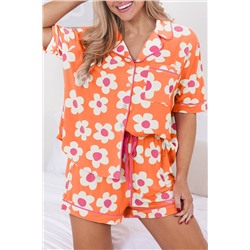 Orange Flower Print Short Sleeve Shirt Pajamas Set