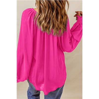 Rose Pleated V Neck Puffy Sleeve Blouse