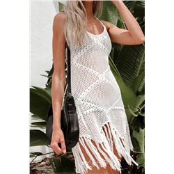 White Crisscross Knot Back Hollow Out Tasseled Beach Dress