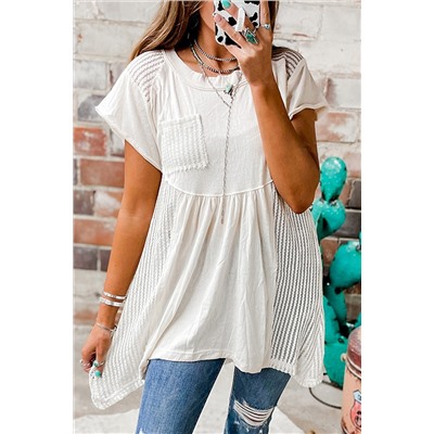White Hollow Knit Splicing Keyhole Back Tunic Top