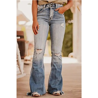 Dusk Blue Vintage Light Wash Ripped Raw Edge Flare Jeans