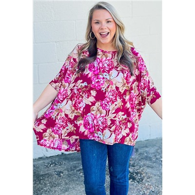 Red Floral Print Short Sleeve Plus Size Blouse