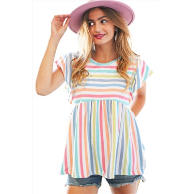 Multicolor Stripe Print Textured Knit Babydoll Blouse