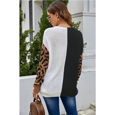 Черное-белый свободный вязаный свитер-пуловер с леопардовыми рукавами