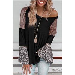 Black Sequin Patchwork Bell Sleeve V Neck Tunic Top