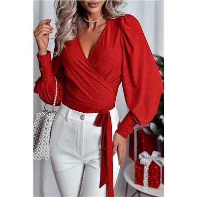 Fiery Red Glitter Wrap V Neck Tie Hem Puff Sleeve Blouse