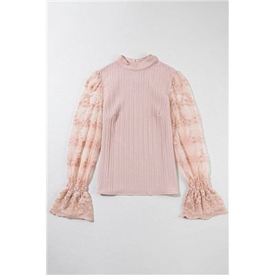 Apricot Pink Contrast Lace Sleeve Mock Neck Textured Blouse