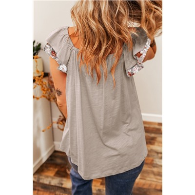 Gray Floral Patchwork Square Neck Ruffle Sleeve Blouse