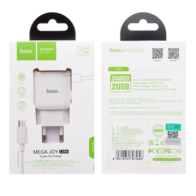 Адаптер Сетевой с кабелем Hoco C59A Mega Joy 2USB 2,4A/10W (USB/Micro USB) (white)