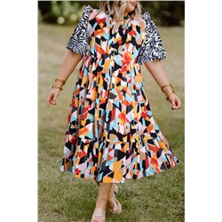 Pink Contrast Puff Sleeve Abstract Print Tiered Plus Size Dress