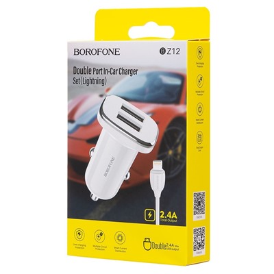 Адаптер Автомобильный с кабелем Borofone BZ12 Lasting 2USB/5V/2.4A +Lightning (white)