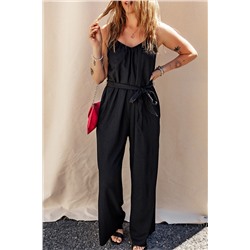 Black Textured Belted Wide Leg Sleeveless Jumpsuit