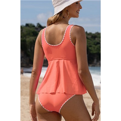 Fresh Salmon Contrast Trim Ruffled Peplum Top Tankini Swimsuit