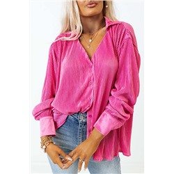 Pink V Neck Collared Button Pleated Shirt