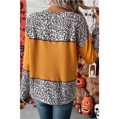 Vitality Orange Leopard Print Waffle Knit Patchwork Top