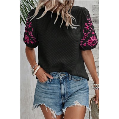 Black Floral Embroidered Textured Puff Sleeve T Shirt