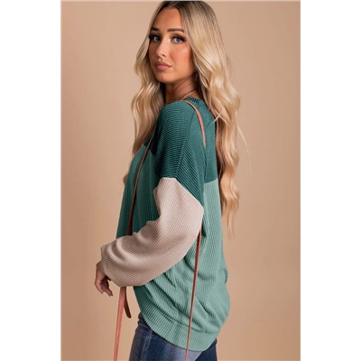 Green Color Block Long Sleeve Ribbed Loose Top