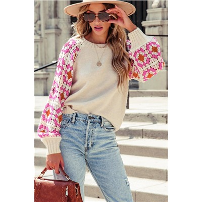 Rose Crochet Puff Sleeve Contrast Knit Sweater