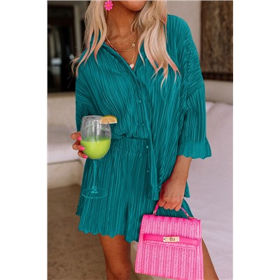 Blue Rose 3/4 Sleeves Pleated Shirt and High Waist Shorts Lounge Set