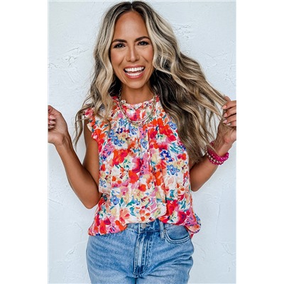 Red Frilled Neck Pleated Boho Floral Tank Top