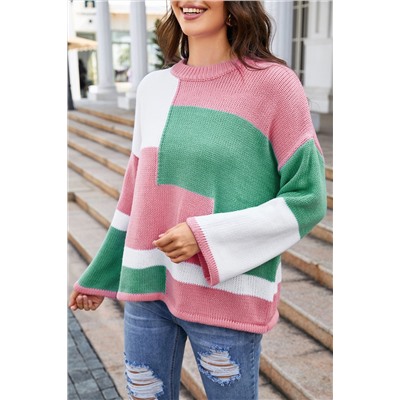 Pink Colorblock Drop Shoulder Bell Sleeve Sweater