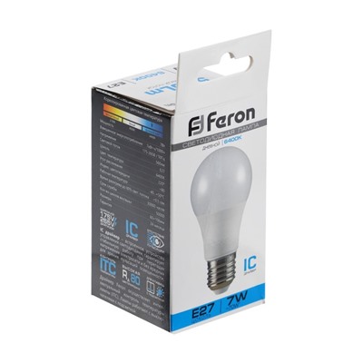 Лампа светодиодная FERON, (7W) 230V E27 6400K A60, LB-91