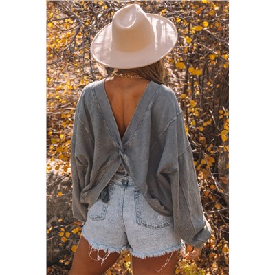 Gray Exposed Seam Twist Open Back Oversized Sweatshirt