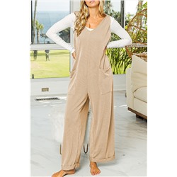 Parchment Corded Tie Straps V Neck Wide Leg Jumpsuit