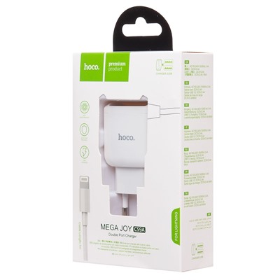 Адаптер Сетевой с кабелем Hoco C59A Mega Joy 2USB 2,4A/10W (USB/Lightning) (white)