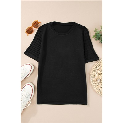 Black Ribbed Splicing Sleeve Round Neck T-shirt