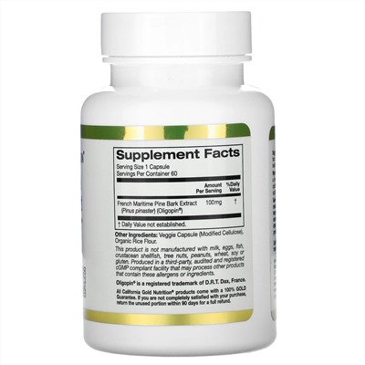 California Gold Nutrition, Oligopin, экстракт коры французской приморской сосны, 100 мг, 60 растительных капсул