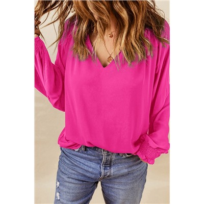 Rose Pleated V Neck Puffy Sleeve Blouse