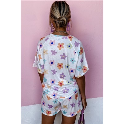 White Flower Print Short Sleeve High Waist Two Piece Shorts Set