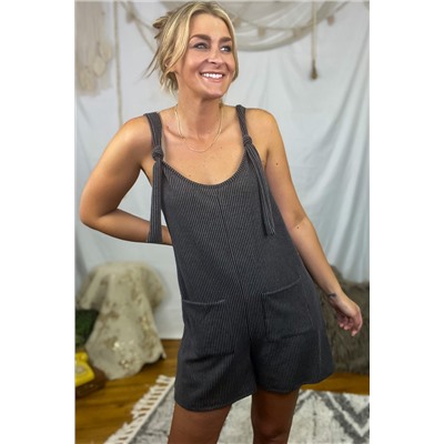 Dark Grey Striped Print Knotted Straps Pocketed Romper