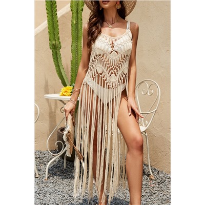 Beige Boho Pointelle Crochet Sleeveless Fringed Beach Dress