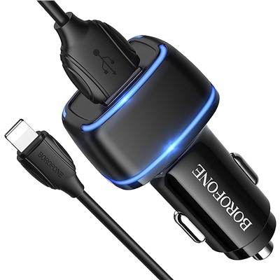 Адаптер Автомобильный с кабелем Borofone BZ14 Max 2USB/5V/2.4A +lightning (black)