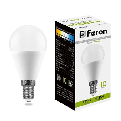 Лампа светодиодная FERON,  (13W) 230V E14 4000K G45, LB-950