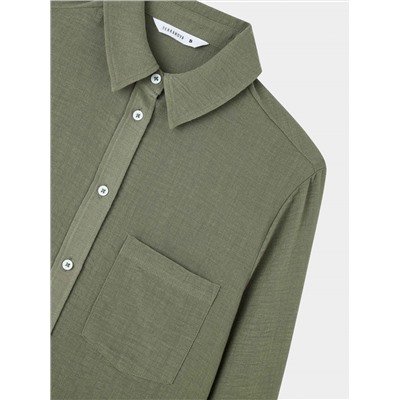 Льняная однотонная рубашка Зеленый защитный