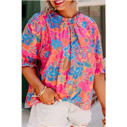 Rose Plus Floral Print Frilly Neck Puff Sleeve Blouse